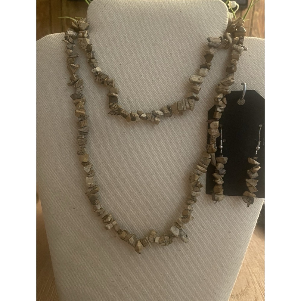 Vintage Jasper Creamy Marble & Brown Chunky 16" Necklace And Matching Earrings